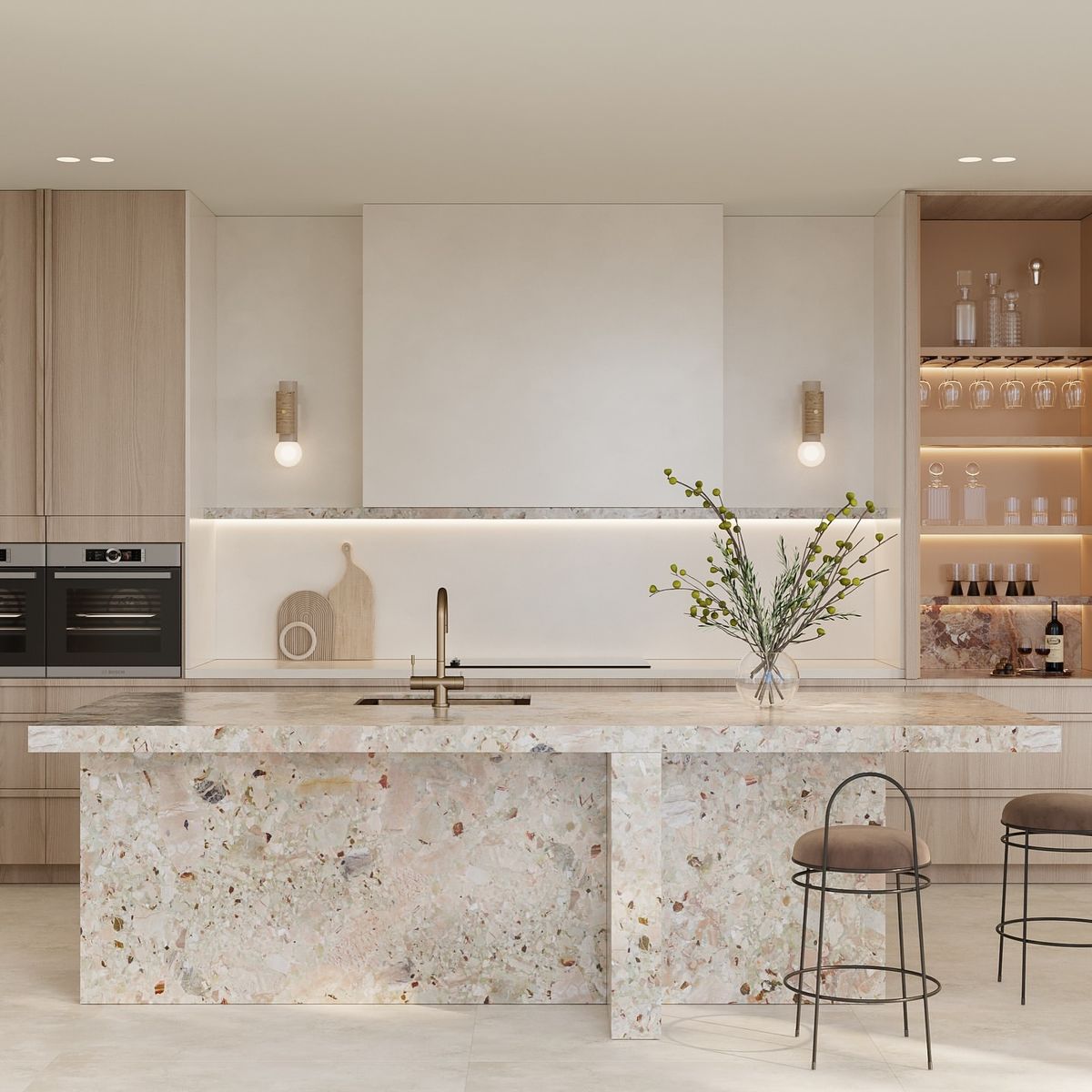 Terrazzo Solid Surface Island with Cantilever Leg