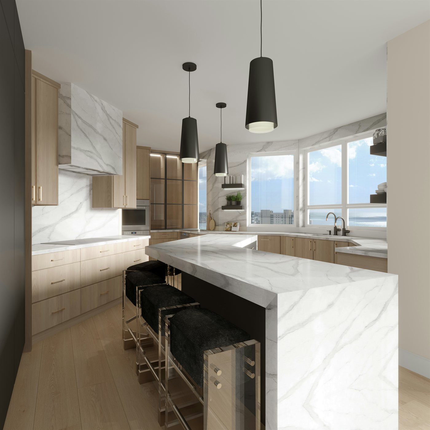 Seamless Solid Surface Kitchen Countertops and Waterfall Islands UAE